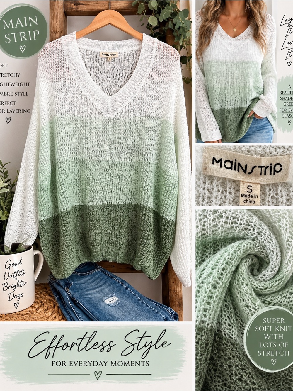 Main Strip Gradient V-Neck Sweater in White and Green Ombre